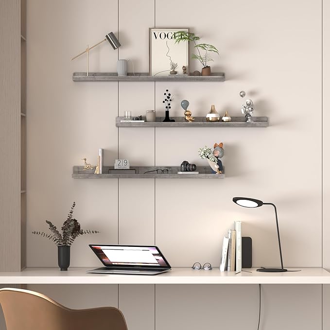 Giftgarden 36 Inch Grey Floating Shelves for Wall Mount, Gray Wood Wall Shelf Ledge for Bathroom Bedroom Living Room Kitchen Storage, Set of 3 Different Sizes
