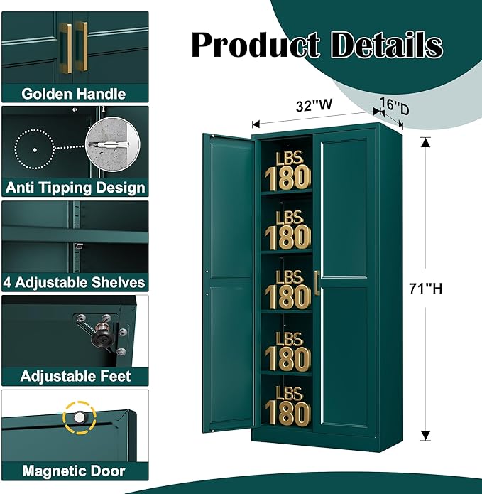 Kitchen Pantry Cabinet,71”Green Metal Pantry Storage Cabinets with Doors and 4 Adjustable Shelves,Kitchen Cabinet with 2 Gold Handles,Tall Cabinet for Livingroom, Bathroom
