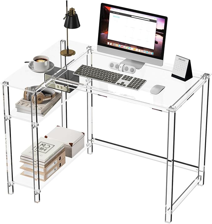 Eglaf Acrylic L-Shaped Desk - Clear Desk with Reversible Storage Shelves - Modern Home Office Desk Corner Desk for Study, Writing, Rectangular Legs, Easy Assembly, 39.4" L x 27''W x 29.5" H