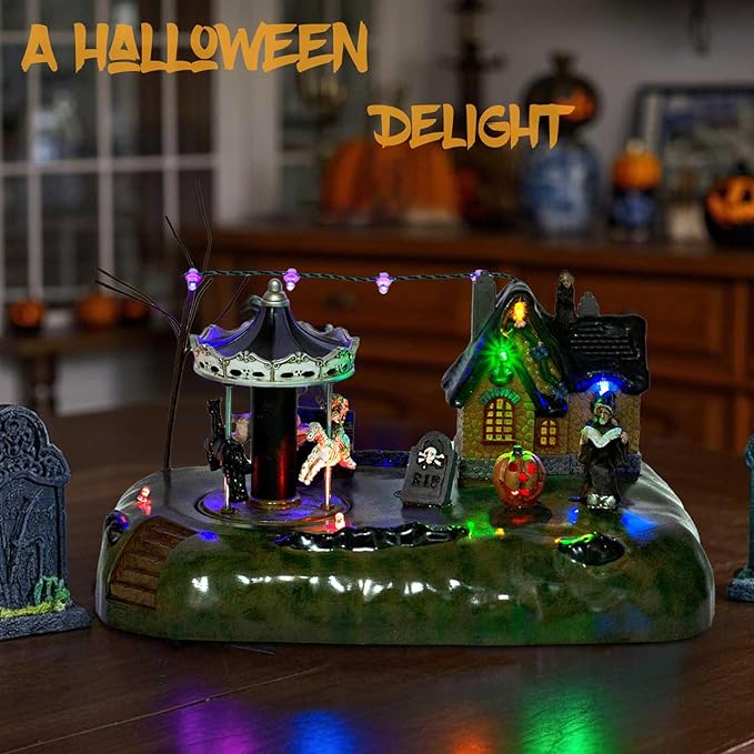 Animated Halloween Village House with Seesaw and LED Lights, Battery Operated Indoor Use only.