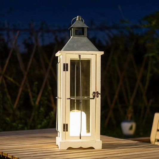 Bdor 26in Farmhouse White IP65 Waterproof Wood Metal Decorative Lanterns with Remote Control, Timer, Tempered Glass, Flameless Pillar Candles, Decorative Lanterns for Home Decor, Front Porch, Wedding