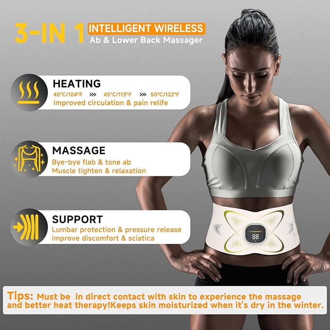 Abs Stimulator Abdominal, ab Belt Muscle Stimulator with Heat for Belly Fat Loss, Stomach Cellulite Melting, Postpartum Care Smooth & Firming, Lower Back Massager for Pain Relief Women Men Gifts