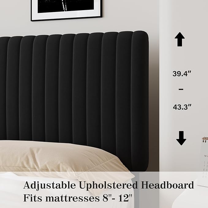 Full Size Bed Frame, Velvet Upholstered Platform Bed with Vertical Channel Tufted Headboard and Footboard, No Box Spring Required, Easy Assembly, Black