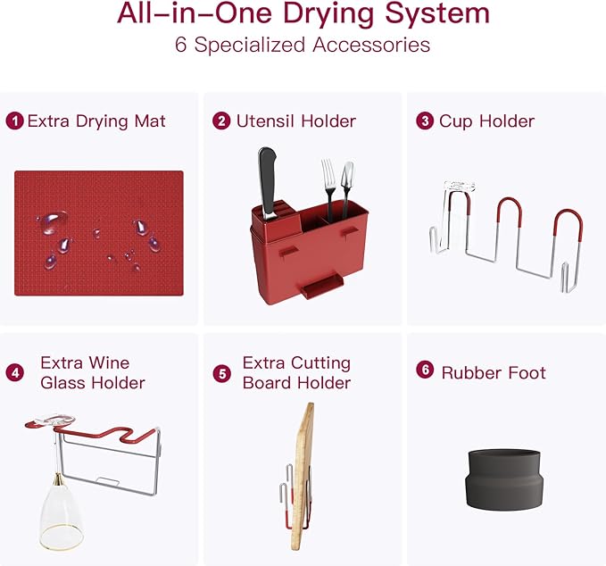 BOOSINY 2 Tier Red Large Stainless Steel Dish Drainers Drying Rack for Kitchen Counter with Drainboard, Rust Proof Metal, Space Saving, Modern Aesthetic, Compact Plates Strainers with Extra Mat