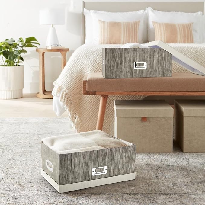 Briful Set of 2 Decorative Storage Boxes with Lids – Gray & White Nesting Organizer Bins, 14'' + 13'' Set Rectangular Fabric Covered Cardboard Boxes for Office, Closet, or Home Decor
