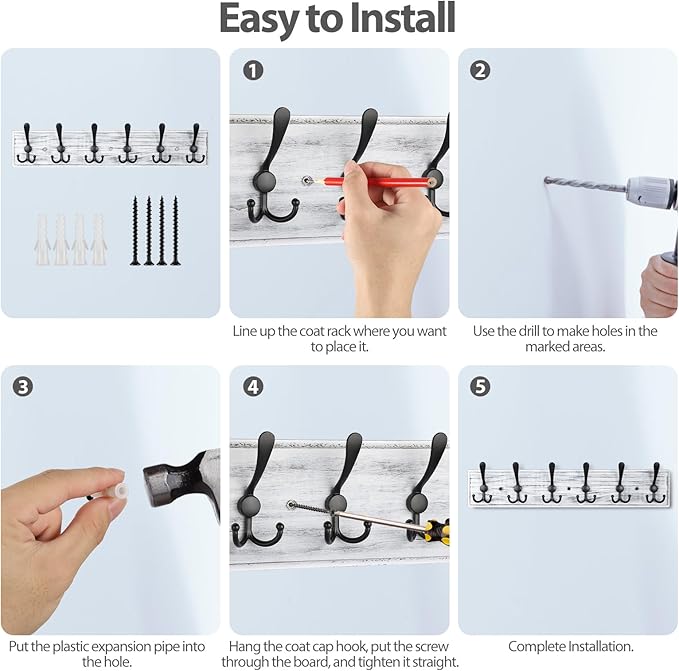 Coat Rack Wall Mount, Wooden Heavy Duty Coat Rack for Wall,6 Triple Coat Hanger Hooks for Hanging Coats,Jacket,Hat,Clothes (Grey White, 6 Hooks)
