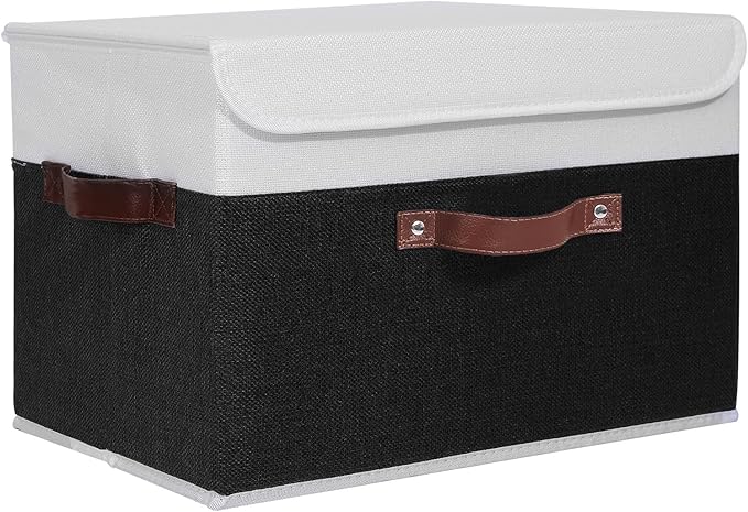 ANMINY Storage Boxes with Lids Washable Decorative Storage Bins Basket with PU Leather Handle Foldable Linen Fabric Storage Cubes Containers for Home Closet Organizer - Black White, Large Size