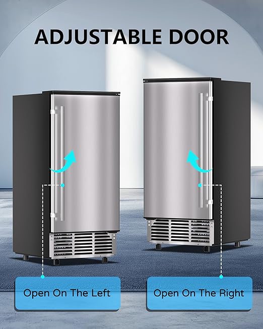 Commercial Ice Maker Machine Reversible Door 120LBS/Day, Undercounter Ice Makers 30LBS Storage Bin and 40 Ice Cubes, Icemaker Machine Brushed Metal with Water Line, Ice Scoop