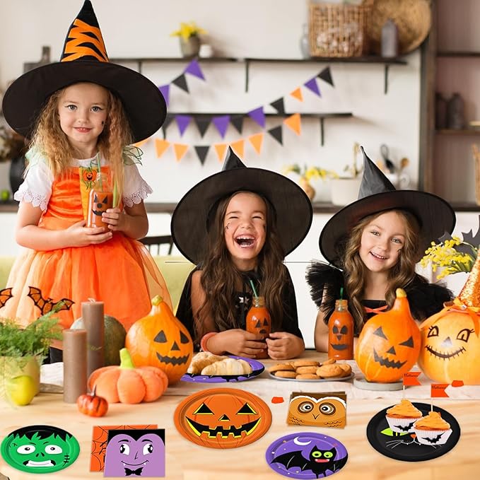 105PCS Halloween Paper Plates Ghosts Pumpkin Skull Spider Web Design for Halloween Party Decorations Supplies, Serves 30