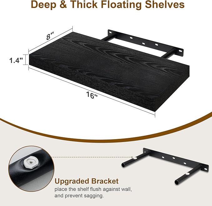Fun Memories Black Floating Shelves 16 Inch Long, 8 Deep Floating Shelf Wall Mounted, 16 x 8 Inch Wooden Bathroom Shelves, Deep Storage Shelves for Living Room, Kitchen, Set of 2