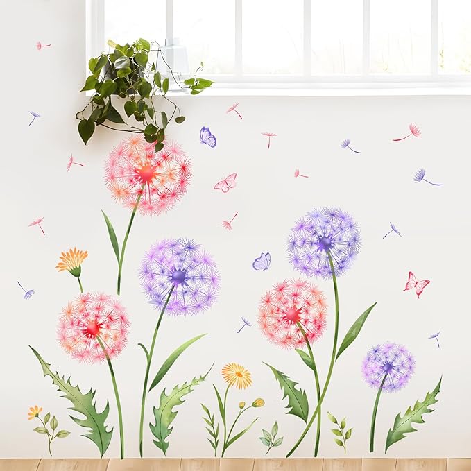 Dandelion Flower Butterfly Wall Decals Pink Purple Dandelion Plants Wall Stickers Peel and Stick Vinyl Wall Art Decor for Living Room Bedroom Office TV Sofa Backdrop Home Decor Gifts for Mom