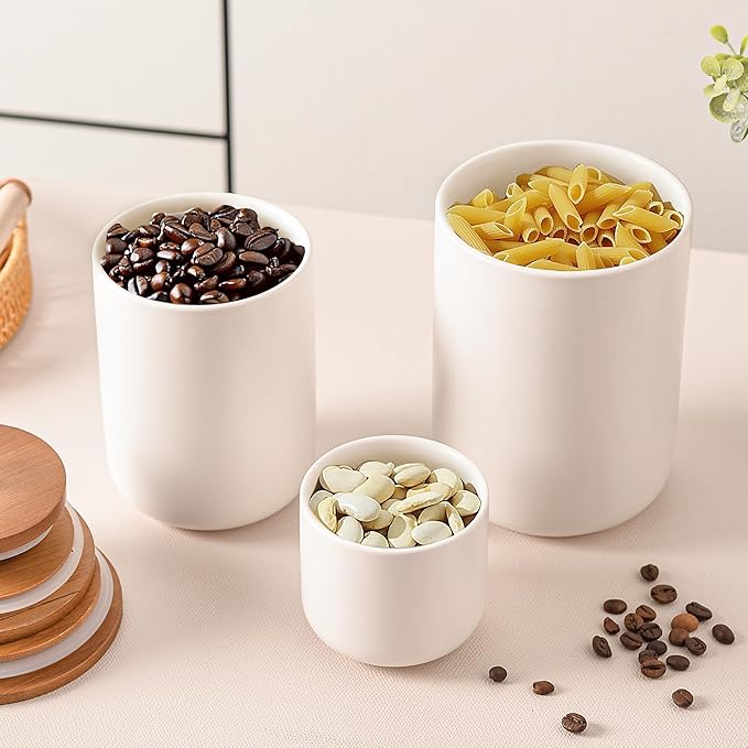 White Ceramic Canister Set with Bamboo Lids, 3-Piece Airtight Food Storage Jars for Kitchen - Flour, Sugar, Coffee, Tea, Spice - Small, Medium, Large Sizes