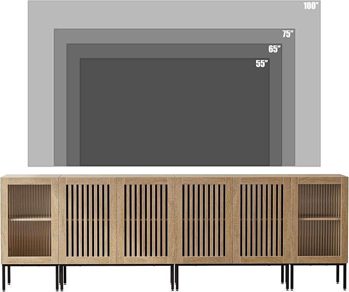 Farmhouse TV Stand for TVs up to 100 Inch, Entertainment Center TV Console with Storage Cabinets and Glass Doors,Media Console for Living Room,Oak
