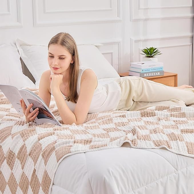 EMME Checkered Cotton Blanket Twin Large 60"x80" 100% Muslin for Couch Breathable Cooling Gauze All Season Soft and Lightweight Pre-Washed (Light Tan)