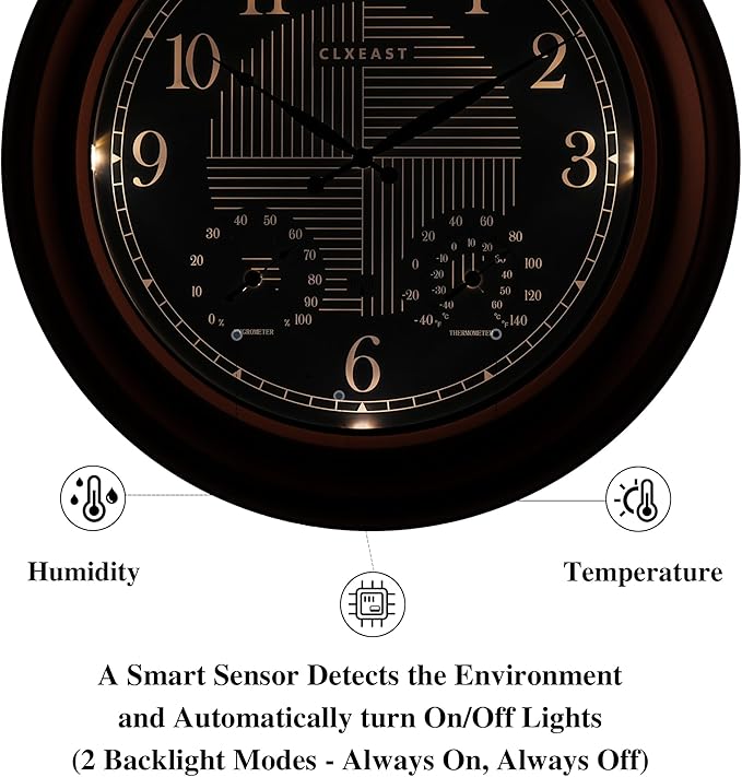 CLXEAST 24 Inch Illuminated in/Outdoor Lighted Atomic Analog Wall Clock with Thermometer & Hygrometer, Oversized Large Waterproof Wall Clocks for Living Room Decor,Bronze Finish