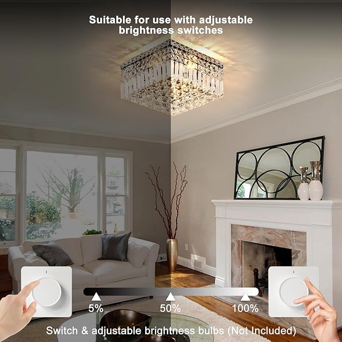 4-Light Black Crystal Chandeliers Flush Mount Chandelier Light Fixture with K9 Crystals Modern Ceiling Lights Elegant Square Lamp for Bedroom,Hallway,Bar,Living Room,Dining Room,H5.9 xW13.7