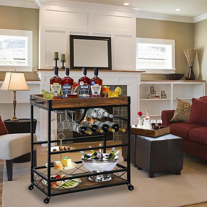 Bar Cart for The Home, 3 Tire Industrial Rolling Serving Cart on Lockable Wheels, Alcoholic Beverage Trolley with 2 Removable Trays, Wine Rack and Glass Holder for Indoor, Outdoor