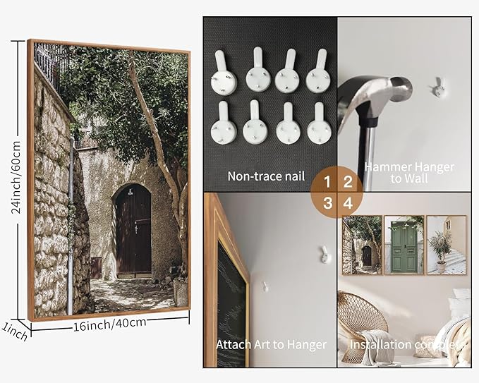 SIGNINART Large Vintage Italy City Landscape Framed Canvas Wall Art Set, Rustic Olive Green Tree Wall Decor, Modern Minimalist French Farmhouse Art Print for Living Room,Bedroom,Office 24"x36"x3