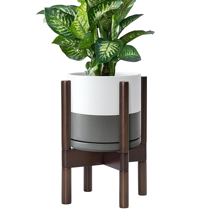 D'vine Dev Ceramic Planter with Walnut Color Stand - 8 Inch Modern Round Flower Pot with Wood Planter Holder, White/Grey, 55-B-Y-6