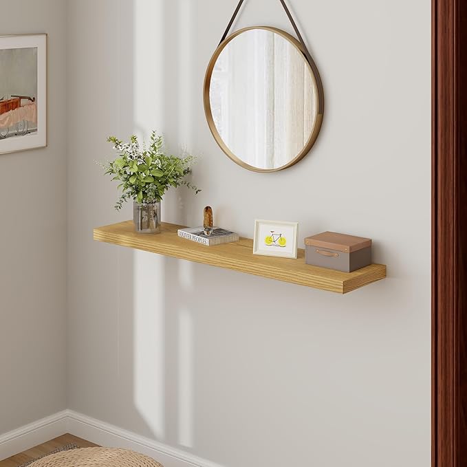 Floating Shelves 48 Inch Long, 48"W x 9"D Wall Shelf Invisible Bracket, 9 Inch Deep Floating Shelf for Wall, Rustic Wooden Shelves for Living Room, Kitchem, Bedroom, Oak Color, Set of 1