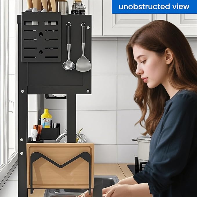 Dish Drying Rack, 3-Tier Over Sink Dish Drying Rack, 33.5" Over Sink Dish Rack for Small Kitchen, Space-Saving Dish Rack with Cover, Baskets, Utensil, Large Sink Storage Organizer Black