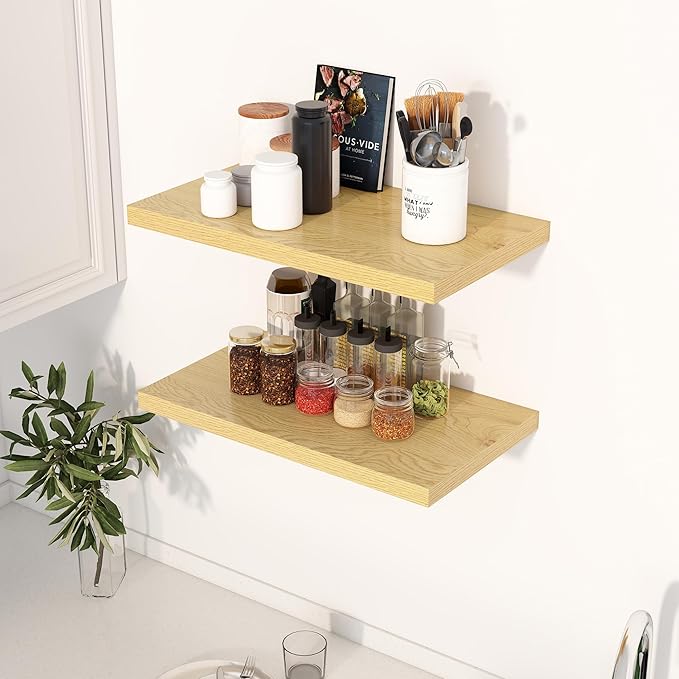 24" Floating Shelves for Wall, 12" Deep Slim Oak Floating Shelves, Wall-Mounted Shelves for Bedroom, Living Room, Kitchen, Bathroom - Set of 2