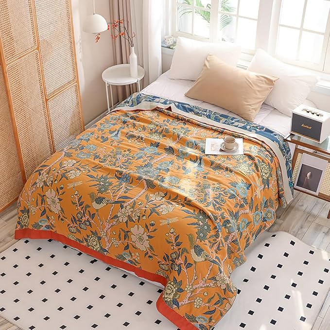 Boho Muslin Blanket for Adults 4-Layer Gauze 80 x 90 Inches Soft Cozy 100% Cotton Summer Cooling Blanket Floral Decor for Sofa Bed Coverlet Both Sides (Flowr Branch Orange, 80 x 90 in)
