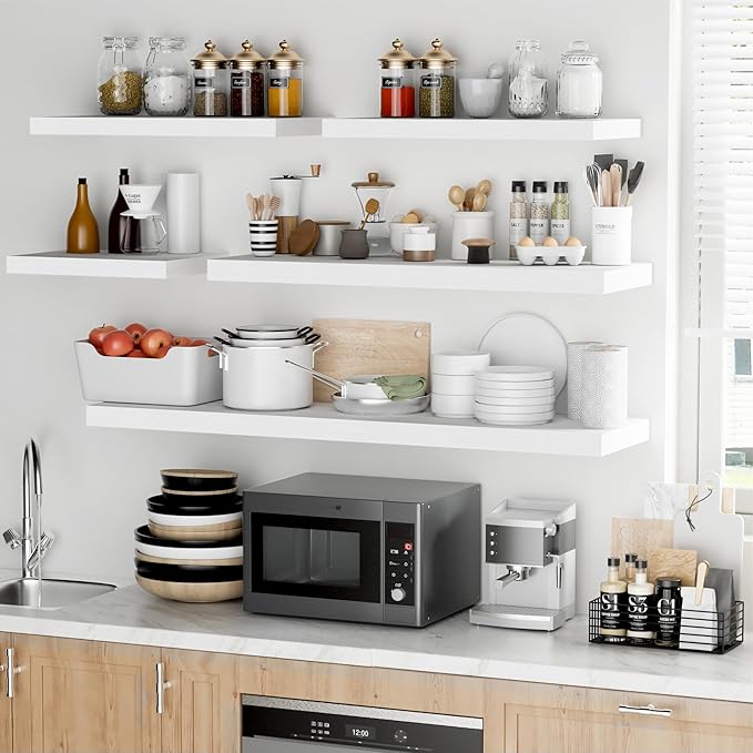 Fun Memories Floating Shelves - 2 Pack 12 Inch Deep Rustic Wooden Wall Shelves - Extra Deeper & Thicker Wall Mounted Storage Shelf for Living Room, Kitchen, Farmhouse - 24" W x 12" D x 1.5" H - White