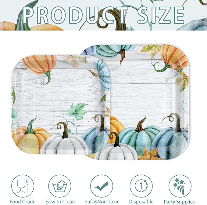 Grencian 200Pcs Fall Plates and Napkins Square Blue Pumpkins Plate Thanksgiving Paper Plates Pumpkin Wood Grain Dinnerware for Baby Shower Fall Harvest Family Thanksgiving Party Decorations, Serves 50