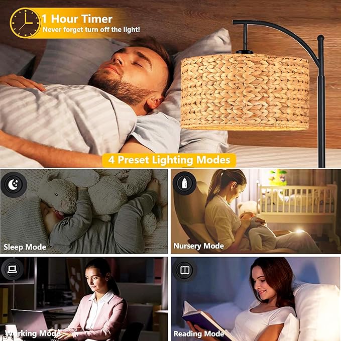 Floor Lamp for Living Room Bedroom Farmhouse Arc Rattan Boho Standing Lamp with Remote Dimmable Black Wicker Bamboo Lamp Shade Floor Light Adjustable Tall Lamp Industrial Floor Lamps Bohemian