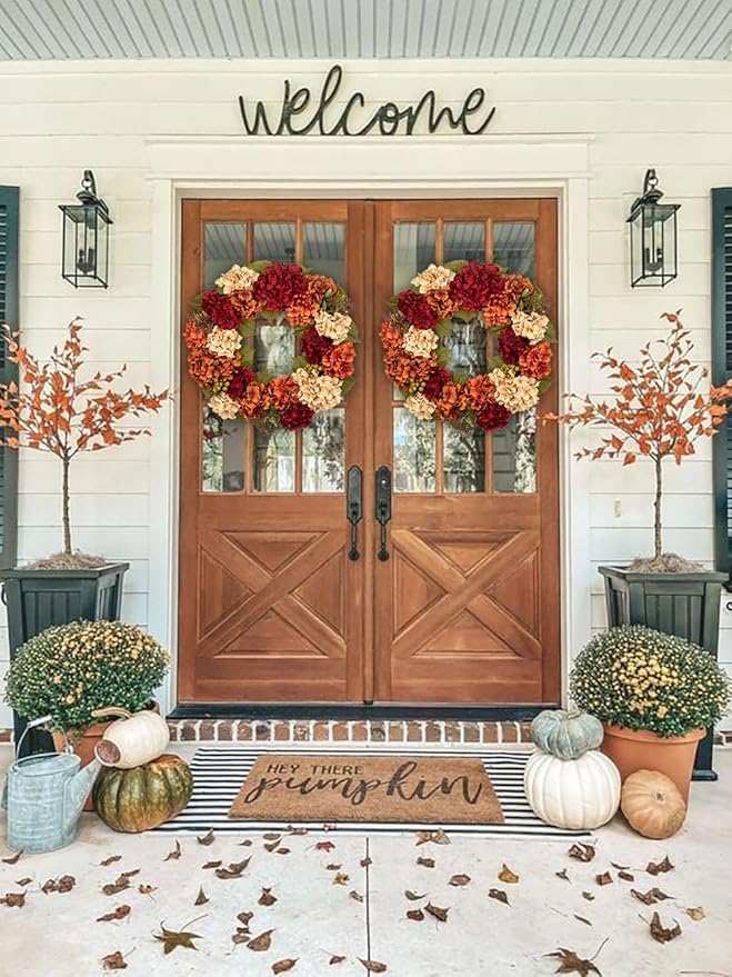 Fall Wreaths for Front Door, 24 inch Autumn Wreath with Hydrangeas Berries Large Fall Door Wreath Artificial Hydrangea Flowers Wreaths Autumn Decorations for Farmhouse Thanksgiving Harvest Door Wall