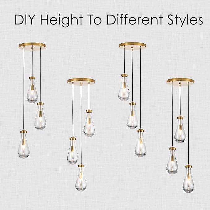 3-Light Raindrop Pendant Light Fixtures, Brass Glass Pendant Lighting, Teardrops Modern Hanging Light for Entryway Foyer Kitchen Island Dining Living Room Hallway