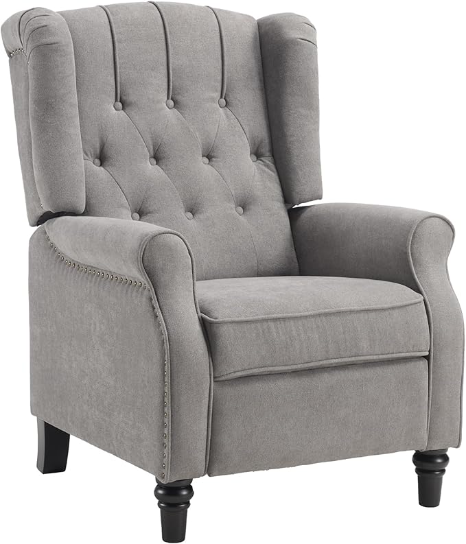 EBELLO Pushback Recliner Chair, Fabric Armchair Push Back Recliner with Rivet Decoration, Mid Century Wingback Accent Chair for Living Room, Bedroom, Grey