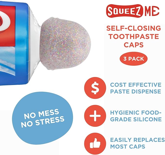 Chrome Cherry SqueezMe Self-Closing Toothpaste Caps, Silicone Lid for Kids & Adults, No Mess Toothpaste Dispenser, Easy Squeezer Cap for Tubes, Bathroom Accessory, Glitter, Pack of 6