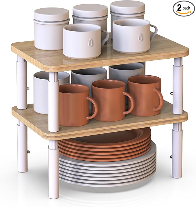 Cabinet Organizer Shelf, Spice Rack Set of 2 Kitchen Pantry Cupboard Shelves, Stackable, Height Adjustable, Natural Bamboo (11.7" W)