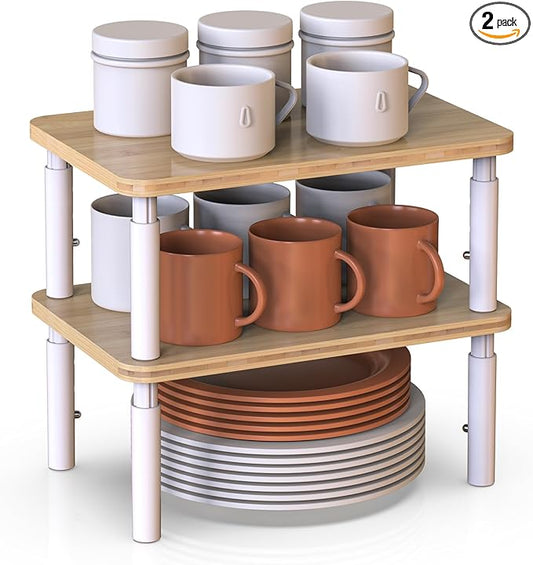 Cabinet Organizer Shelf, Spice Rack Set of 2 Kitchen Pantry Cupboard Shelves, Stackable, Height Adjustable, Natural Bamboo (11.7" W)