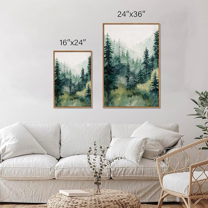 Tinonedraw Misty Forest Framed Canvas Wall Art Set, Modern Pine Trees Wall Painting, Watercolor Nature Foggy Landscape Wall Decor, Neutral Mountain ArtWork for Bedroom Living Room and Office 24"x36"x3