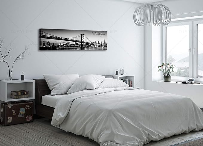 DJSYLIFE- Philadelphia Skyline Wall Art,Black and White Stretched Canvas Wall Art Prints for Bedroom or Office Decoration, Ready to Hang 13.8"x47.3"
