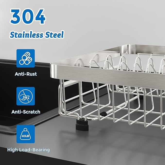 MAJALiS Expandable in Sink Dish Drying Rack - Adjustable Capacity (11.3''-17''L) Stainless Steel Over Sink Dish Drainers Rack for Kitchen Sink with Utensil Holder, Silver