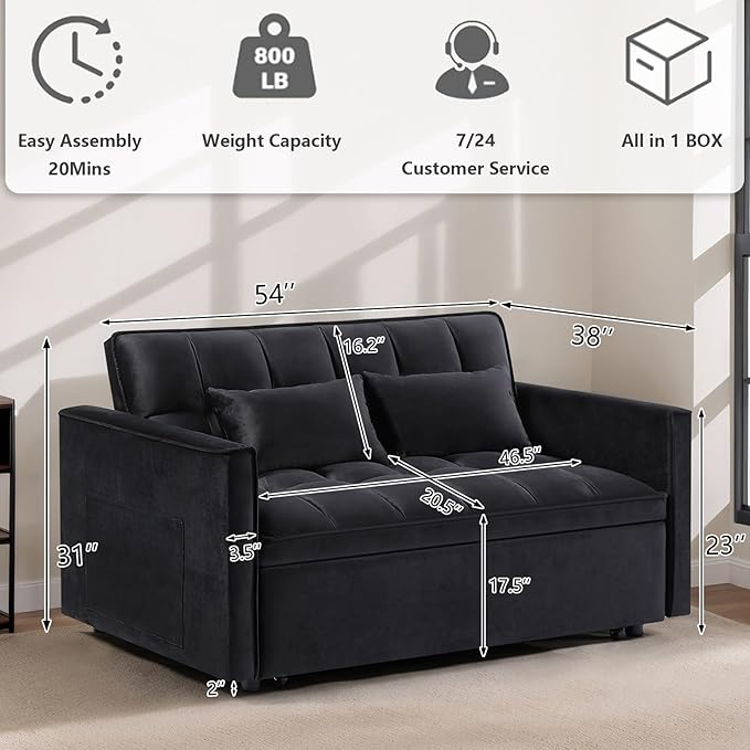 3 in 1 Convertible Sleeper Sofa Bed,Futon Loveseat Couch with Pull-Out Bed & Adjustable Backrest,Velvet Fabric Sofa with Side Pocket for Small Apartment, Living Room, Office (Black)