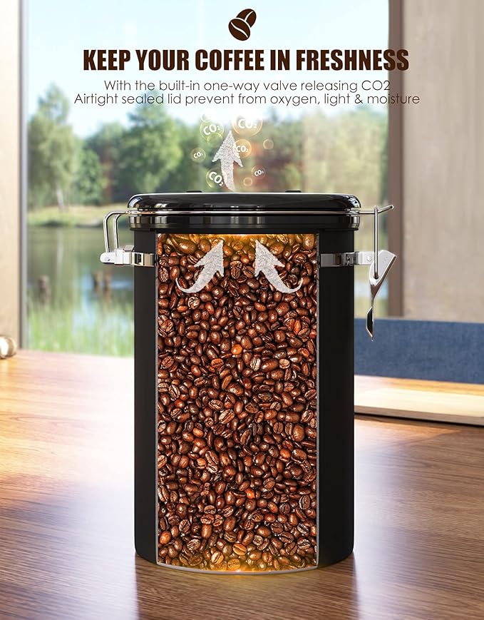 HAIOOU Airtight Coffee Canister, 22OZ +16OZ 2 Piece Stainless Steel Coffee Bean Storage Container with Date Tracker, Measuring Scoop, CO2 Releasing Valves, Mini Tongs for Coffee Bean, Grounds - Black