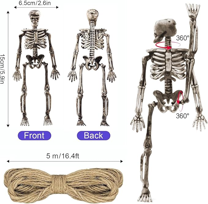 24 Pcs mini skeleton halloween decoration With hemp rope，6”small plastic posable halloween tiny skeleton figurines decor for Halloween Indoor Outdoor Graveyard Decor Haunted House Party Favors