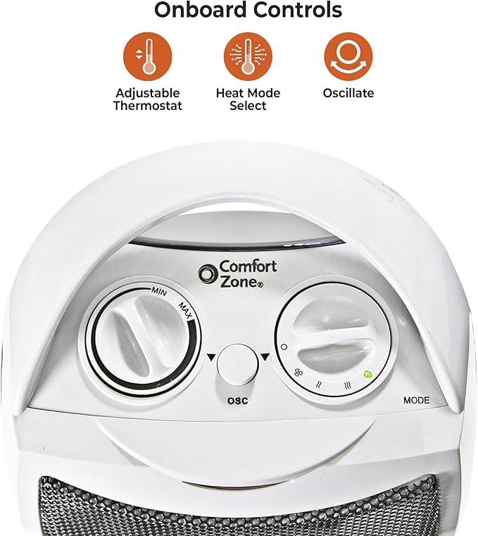 Comfort Zone Oscillating Indoor Space Heater, Portable, Ceramic, Electric, Energy-Efficient, Adjustable Thermostat, Tip-Over Switch, Overheat Protection, Ideal for Home, Bedroom, Office, 1500W, CZ449E