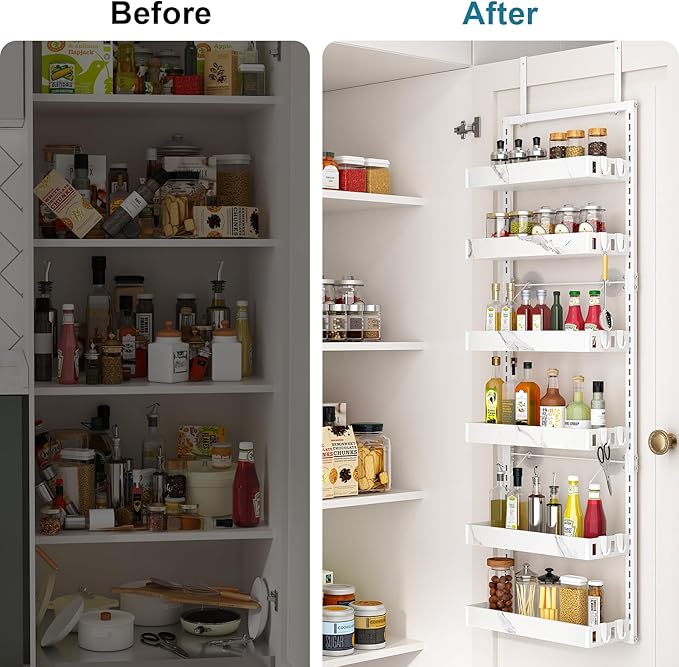 bukfen Over the Door Pantry Organizer, 6-Tier Adjustable Basket Kitchen Pantry Door Organization and Storage, Heavy-Duty Metal Hanging Kitchen Spice Rack,D6.3 x W17.32 x H50.60 inch,White Marble Color
