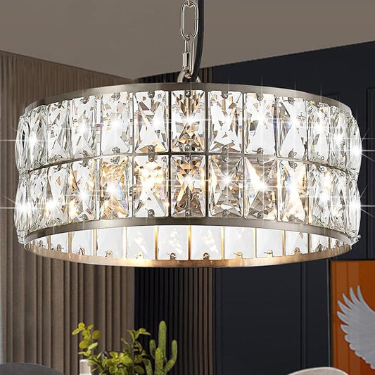 12” 3-Light Modern Crystal Chandeliers Nickel Dinning Room Light Fixture, Round Pendant Light Kitchen Island Chandelier, Flush Mount Ceiling Light for Living Room Entryway Bedroom Foyer