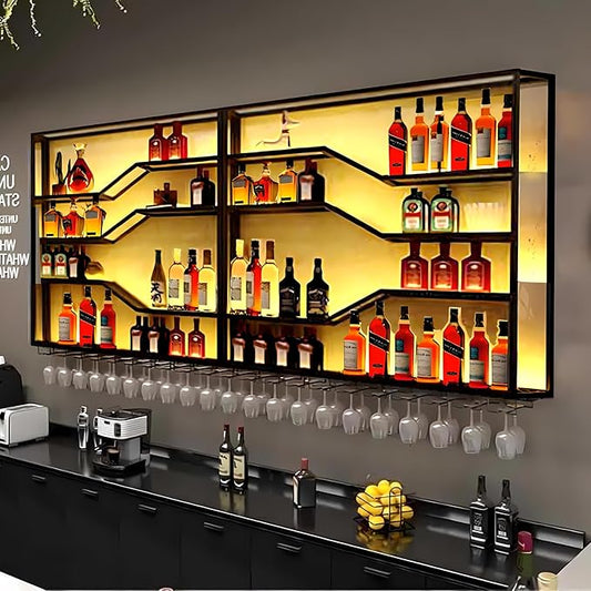 78.8in Wall Mounted Wine Rack with LED Light, 5-Tiers Liquor Bottles Display Shelf with Glasses Holder, Metal Home Bar Shelves with Industrial Iron Frame for Kitchen(Black, 78.8in/6.56ft)