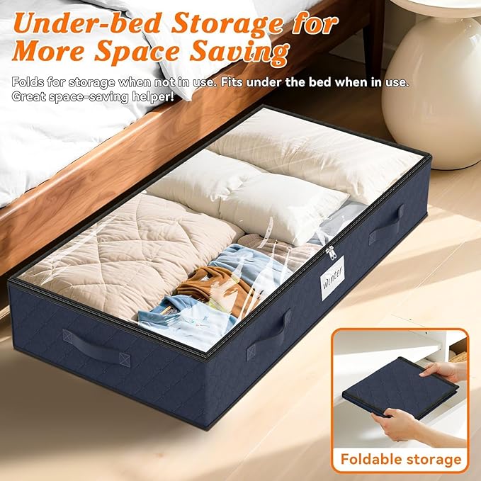 SpaceWhisper 90L Under Bed Storage Containers, 2-Pack Storage Bins with Clear Top, Foldable Closet Organizers and Storage with Label Holder for Clothing, Blankets, Comforter & Pillows(Blue)