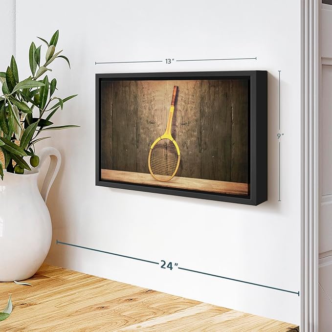 ElephantStock Vintage Tennis Racket Wall Art - Horizontal Framed Canvas - 1-Piece Living Room Wall Decor - Photography Sports Canvas Print - Brown and Black Decor for Wall - 13" X 9"