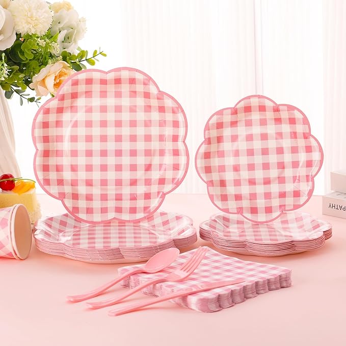 175 Pcs Pink Gingham Plates and Napkins Party Supplies - Pink and White Checkered Plates Sets Serve 25 Guests - Scalloped Gingham Paper Plate for Birthday Wedding Picnic Party Decorations