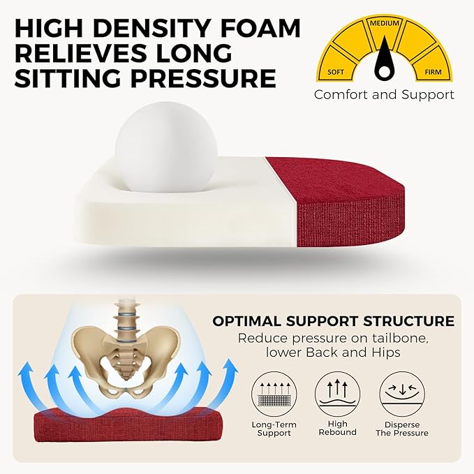 downluxe Indoor Chair Cushions for Dining Chairs, Soft and Comfortable Textured Foam Kitchen Chair Pads with Ties and Non-Slip Backing, 16" x 16" x 2", Red, 6 Pack